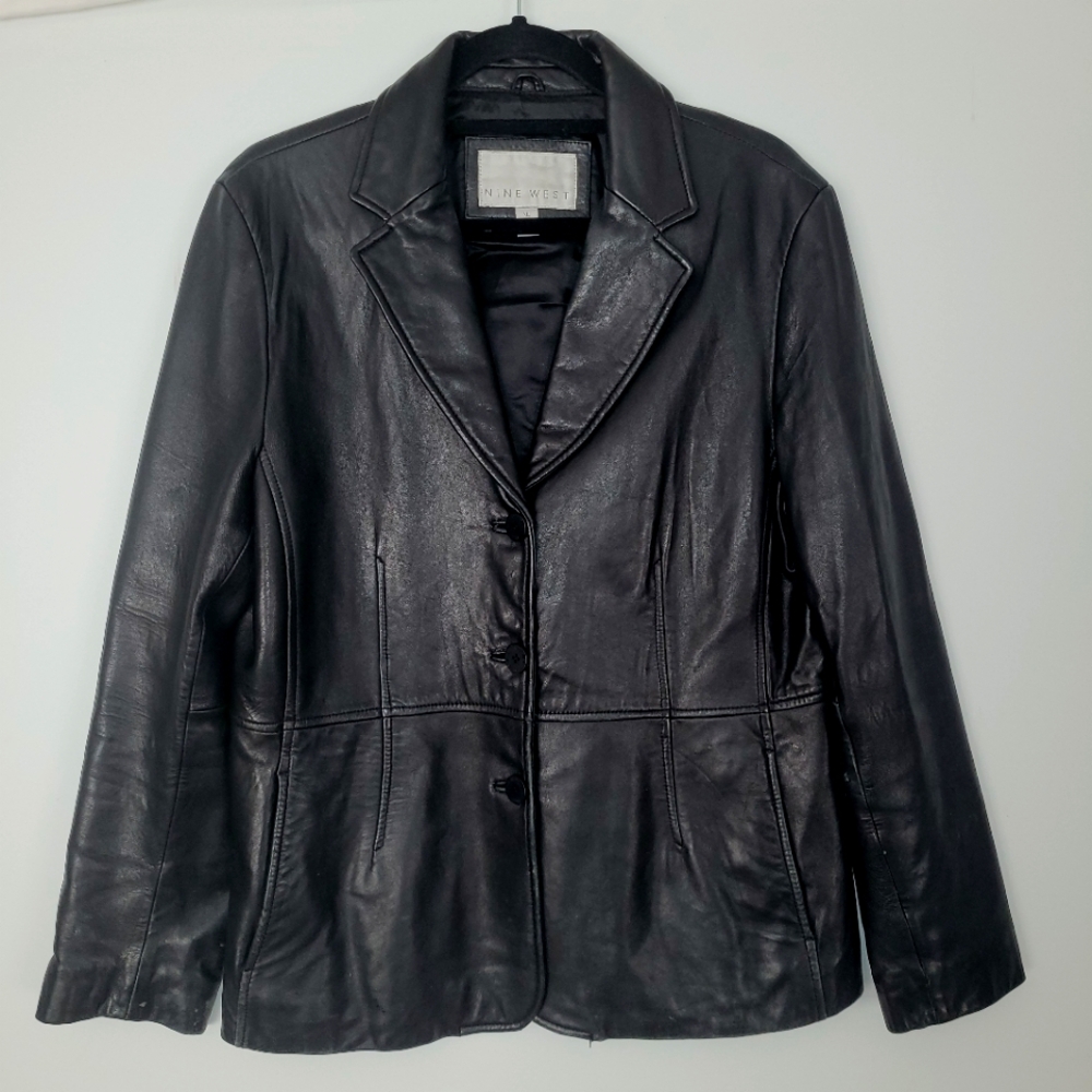 VTG Womans Leather Blazer Jacket Black XL Fully Lined Goth Dark Academia